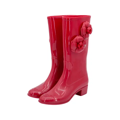 Chanel Glossy Red Camellia Embellished Rubber Rain Boots 36 - 1