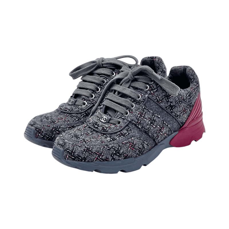 Chanel Grey Tweed Red Leather Sneakers 37 - 1