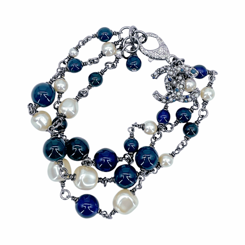 Chanel Green Navy Blue CC Beads Enamel Faux Pearl Bracelet - 1