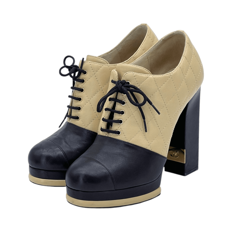 Chanel Lambskin Quilted Lace Up Booties Beige Black 37 - 1