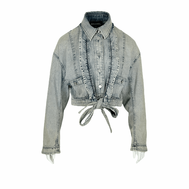 Chanel Light Blue Interlocking CC Logo Ruffle Embellished Denim Jacket 42 - 1