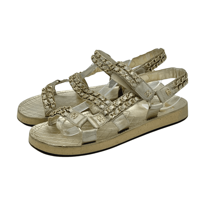 Chanel Metallic Gold Chain Embellished Sandals 38.5 - 1