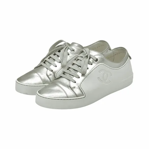 Chanel Metallic Silver Leather White Rubber CC Low Top Sneakers 37