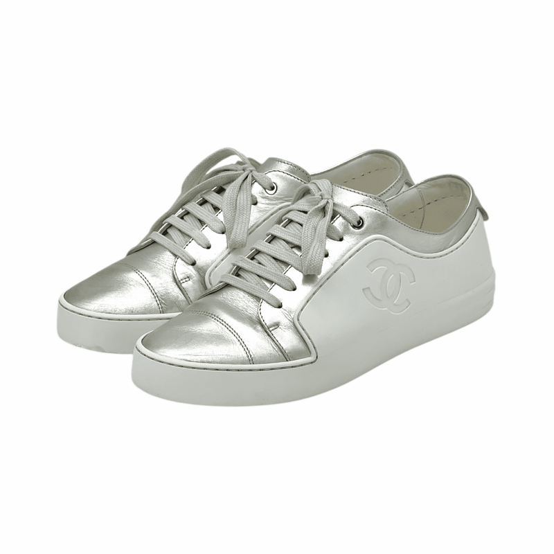 Chanel Metallic Silver Leather White Rubber CC Low Top Sneakers 37 - 1