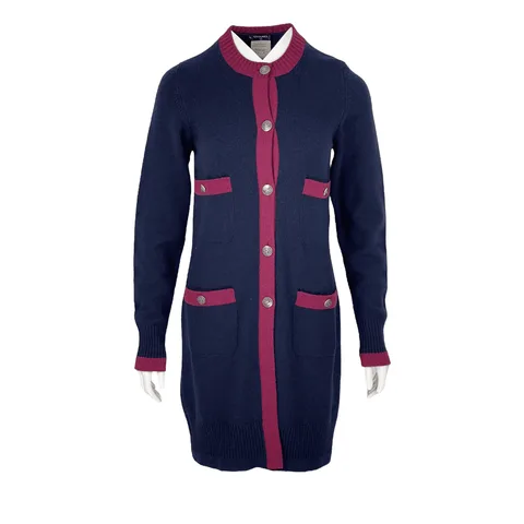 Chanel Navy Blue Burgundy Cashmere Knit Cocomark Button Round Pocket Long Cardigan 36