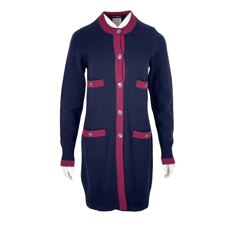 Chanel Navy Blue Burgundy Cashmere Knit Cocomark Button Round Pocket Long Cardigan 36 - 1