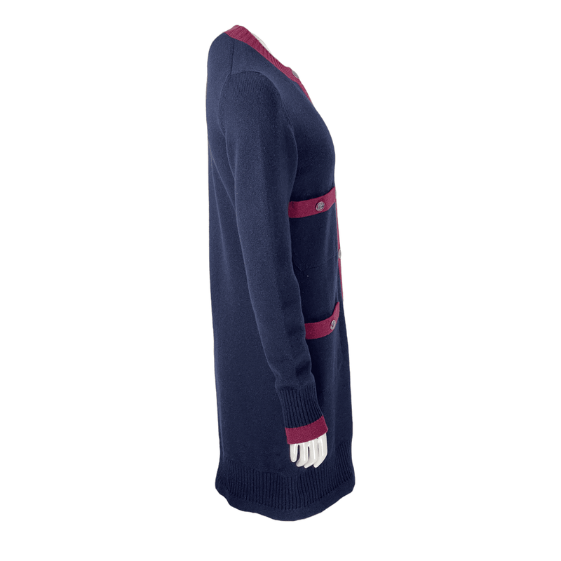 Chanel Navy Blue Burgundy Cashmere Knit Cocomark Button Round Pocket Long Cardigan 36 - 2