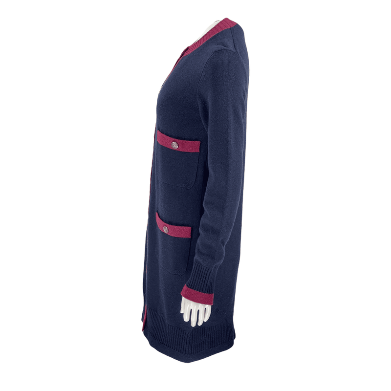 Chanel Navy Blue Burgundy Cashmere Knit Cocomark Button Round Pocket Long Cardigan 36 - 3