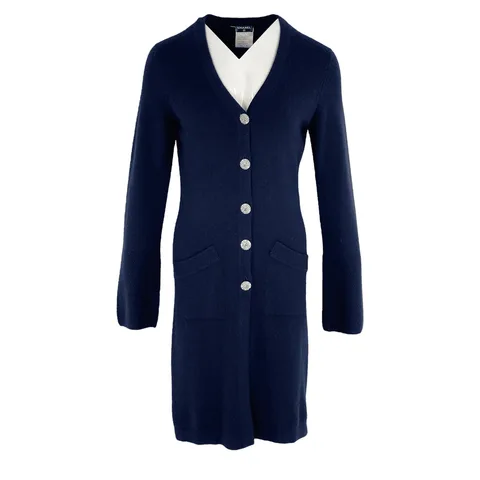 Chanel Navy Blue Gold Button Detail Long Cashmere Cardigan 36 - 1