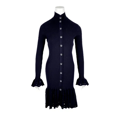 Chanel Navy Blue Wool Knit Lace Cardigan Dress 36 - 1