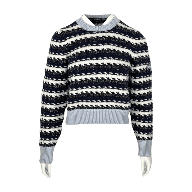 Chanel Navy Blue White Cashmere Hamburg Chunky Knit Sweater 34 - 1