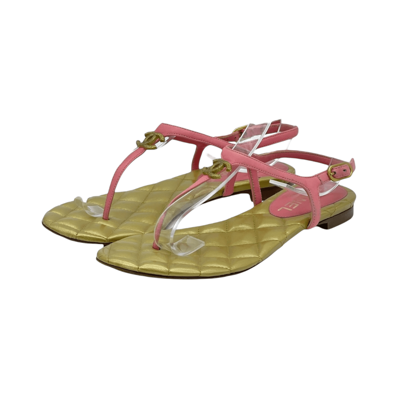 Chanel Pink Gold Leather Quilted CC Thong Sandals 35C - 1