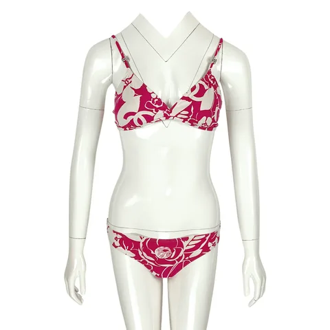 Chanel Pink White Printed Crystal CC Logo Embellished Coco Beach Triangle Bra 40 Slip 38