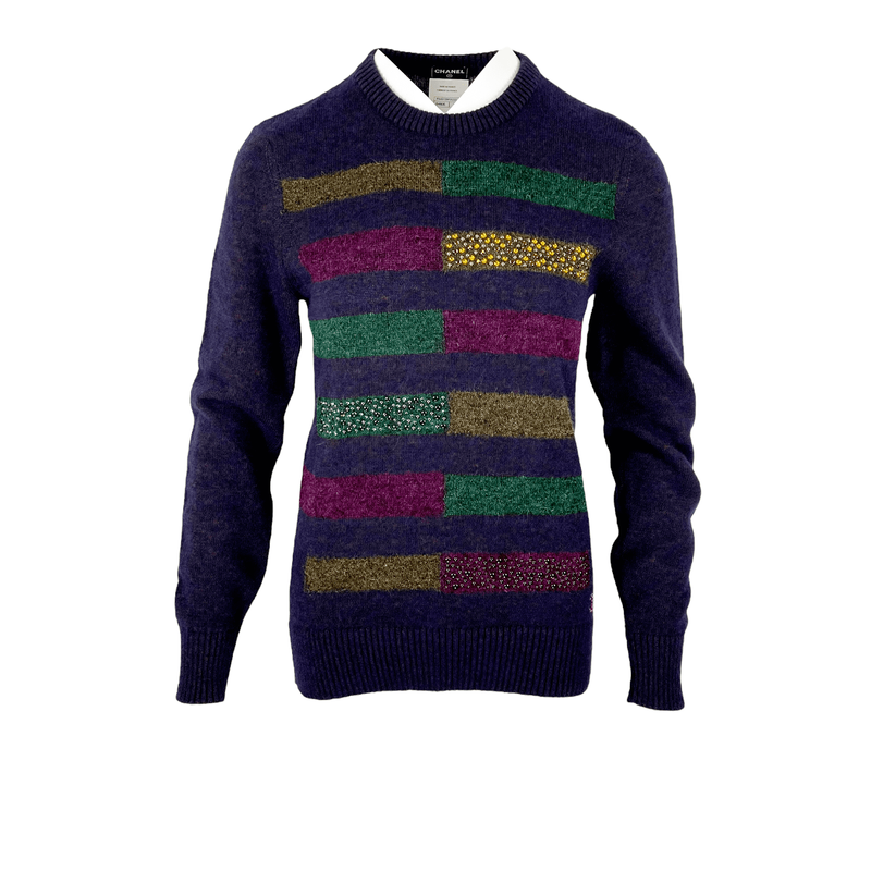 Chanel Purple Green Amber Crystal Stripes Cashmere 2012 Sweater 36 - 1