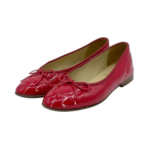 Chanel Red Patent Leather Cap Toe CC Logo Ballerina Flats 38 - 1