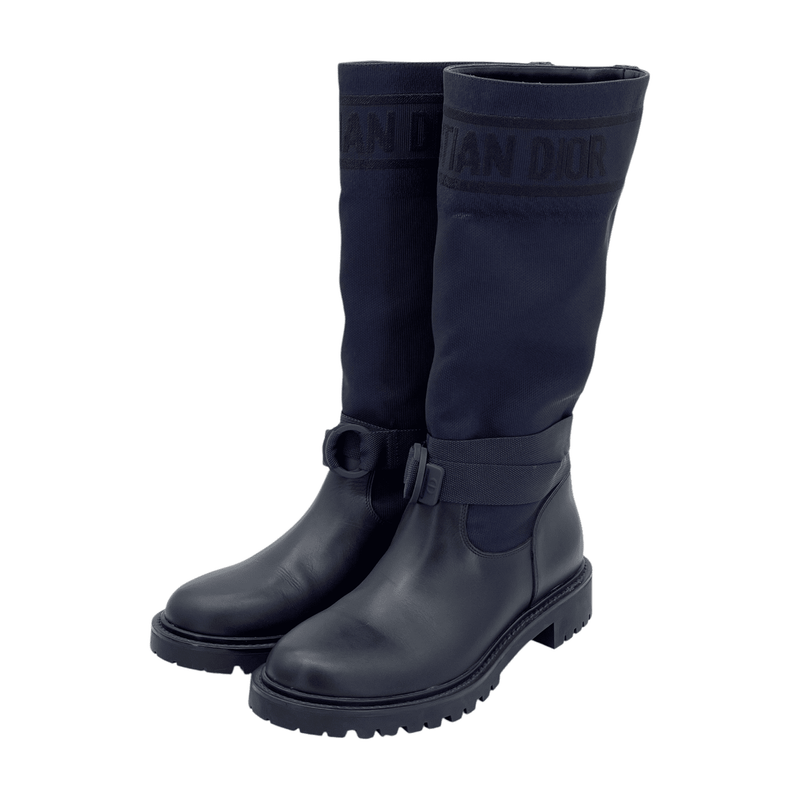 Christian Dior Black Calfskin Navy Blue Fabric D Major Boots 39.5 - 1