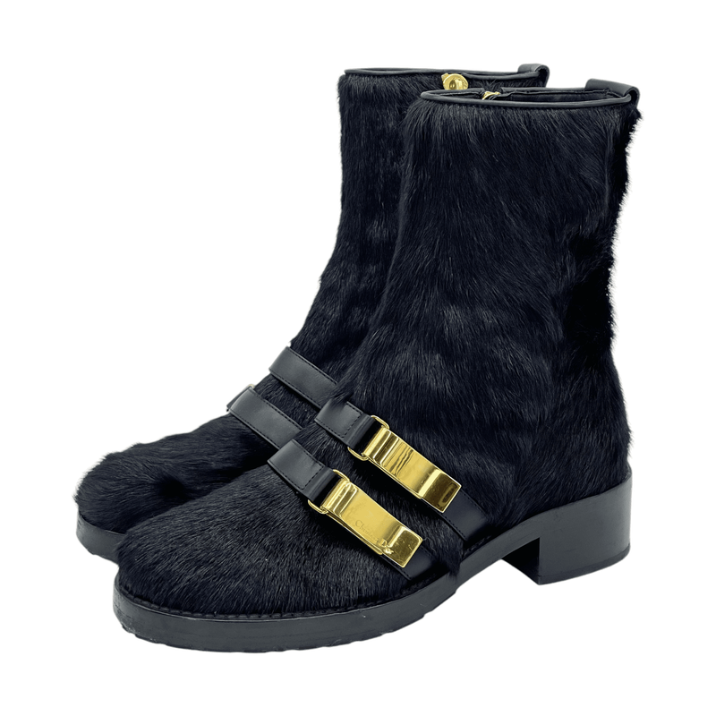 Christian Dior Black Leather Pony Hair Gold Buckle D Race Boots 39 - 1
