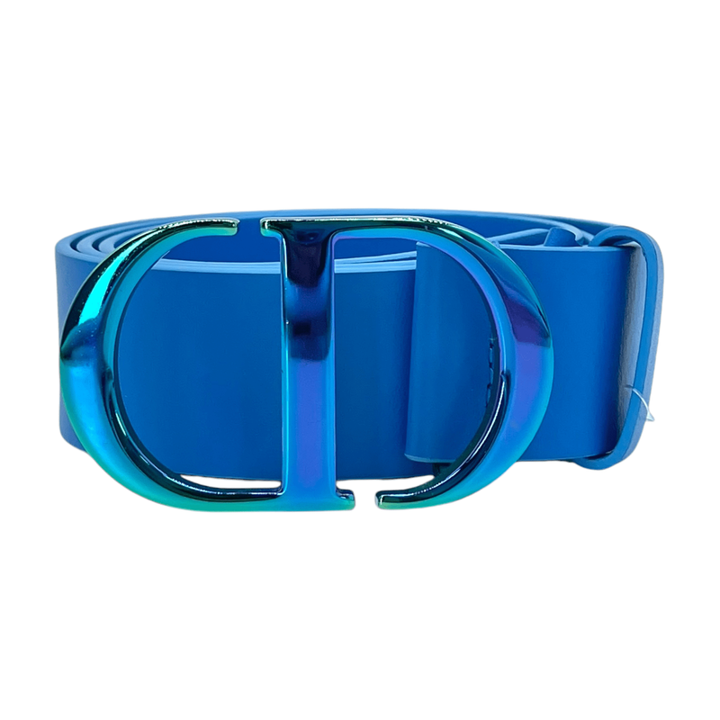 Christian Dior Blue Leather Montaigne Iridescent Buckle Belt 85 - 1