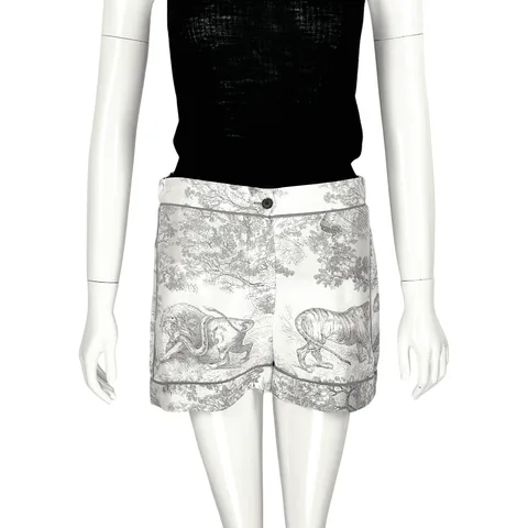 Christian Dior Chez Moi White Navy Blue Toile De Jouy Silk Twill Short 34