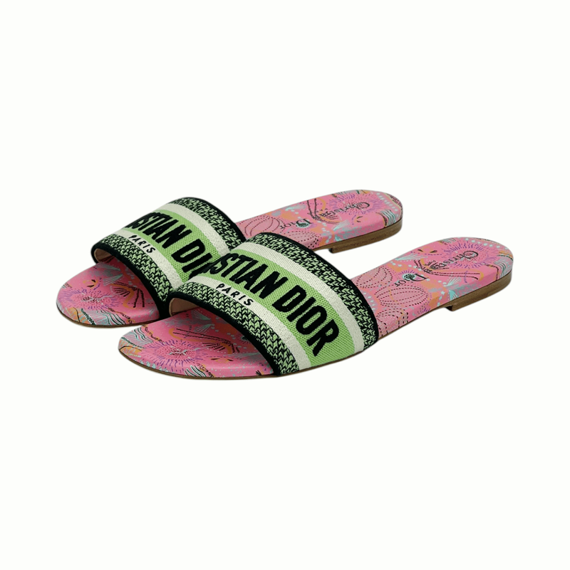 Christian Dior Green Black Pink Canvas Dioriviera Dway Slides 37.5 - 1