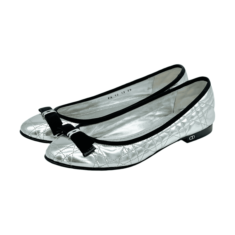 Christian Dior Silver Cannage Leather Bow Ballet Flats 39 - 1