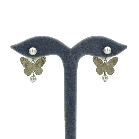 Christian Dior White Pearl Gold Butterfly Earrings - 1