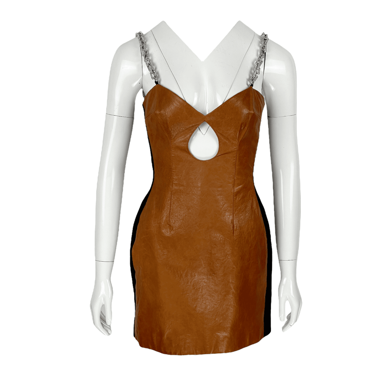 David Koma Black Brown Leather Crystal Chain Strap Mini Dress UK8 - 1