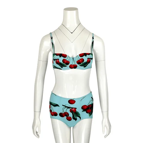 Dolce Gabbana Blue Cherry Patterned Hat Bikini Set FR38 - 1
