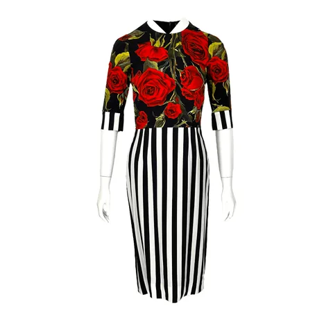 Dolce Gabbana Black White Striped Red Rose Print Dress IT40 - 1
