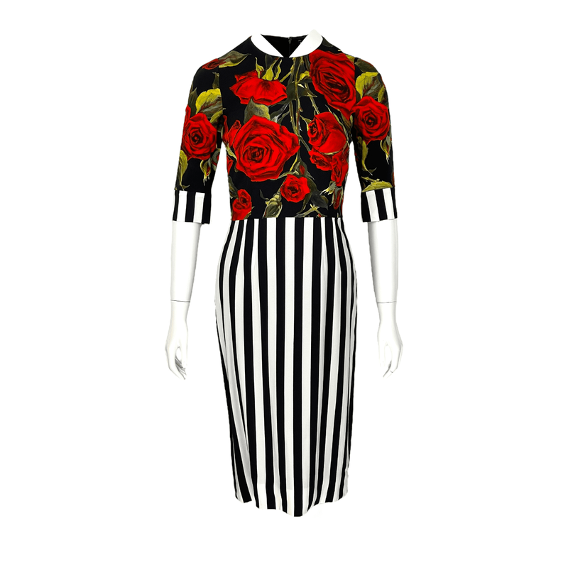 Dolce Gabbana Black White Striped Red Rose Print Dress IT40 - 1