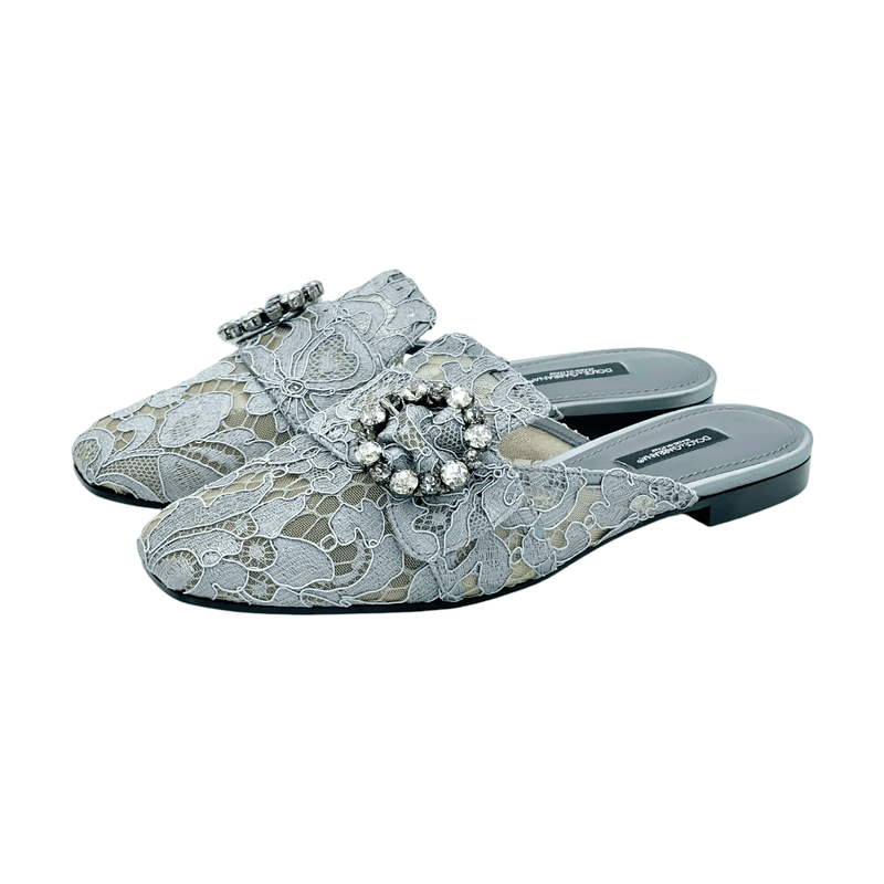 Dolce Gabbana Pastel Blue Lace Jewel Buckle Mules 36.5 - 1