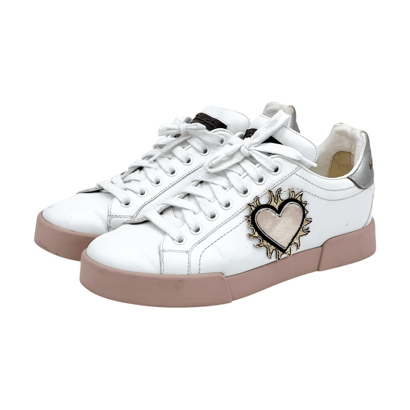 Dolce Gabbana White Leather Love Applique Portofino Sneakers 37.5 - 1