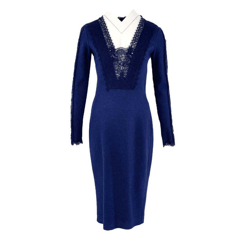 Ermanno Scervino Navy Blue Wool V Neck Lace Dress IT40 - 1