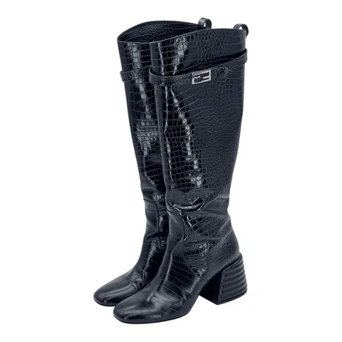 Fendi Black Gold Logo Plaque Crocodile Embossed Leather Knee High Boots 38.5 - 1