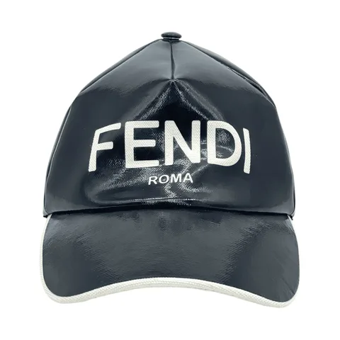 Fendi Black Leather Effect Coated Cotton Logo Print Cap 58