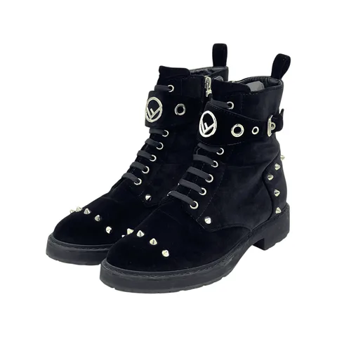 Fendi Black Velvet  Gold Studded F Logo Ankle Boots 38.5 - 1
