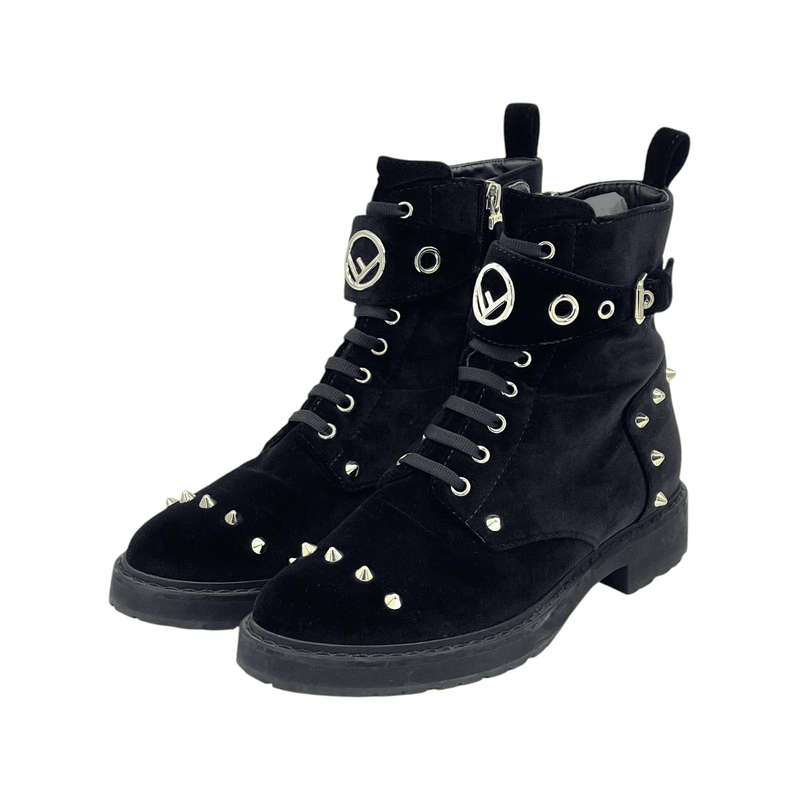 Fendi Black Velvet  Gold Studded F Logo Ankle Boots 38.5 - 1