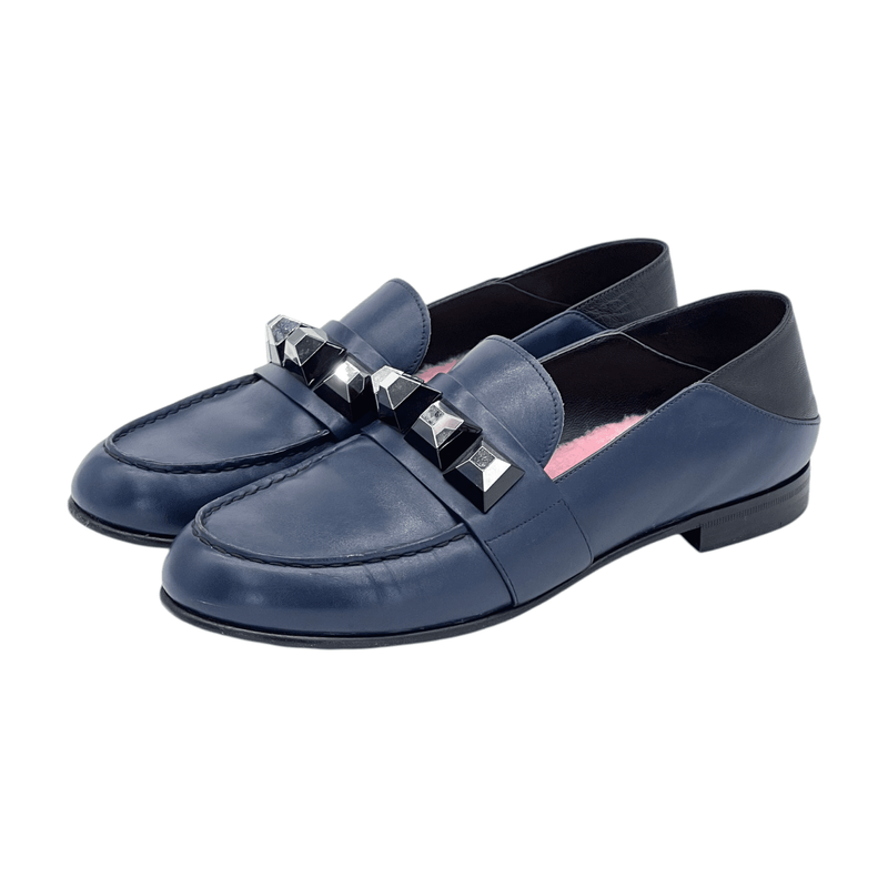 Fendi Leather Navy Blue Studded Loafer 38 - 1