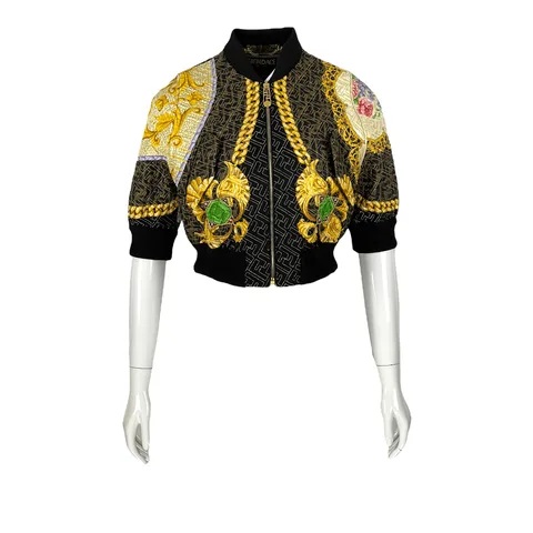 Fendi x Versace Brown Barocco FF Logo Quilted Silk Cropped Jacket IT40 Tshirt S