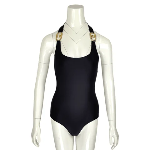 Gucci Black GG Gold Logo Halterneck Swimsuit S