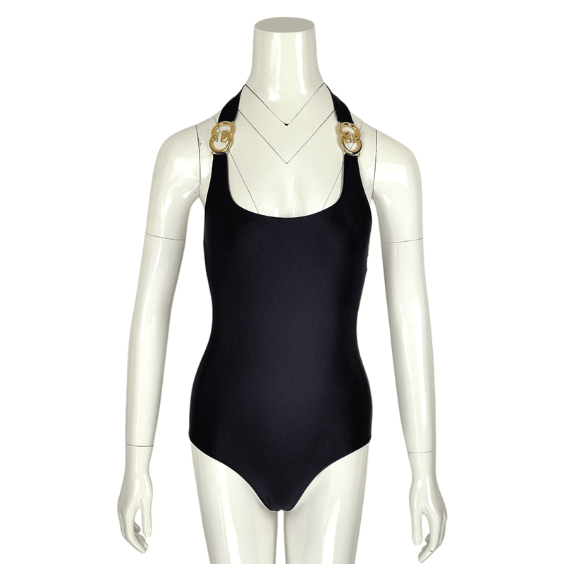 Gucci Black GG Gold Logo Halterneck Swimsuit S - 1