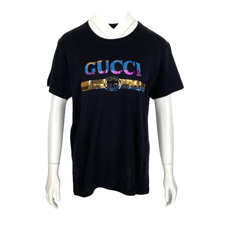 Gucci Black Logo Sequin Embroidered Cotton Tshirt S - 1