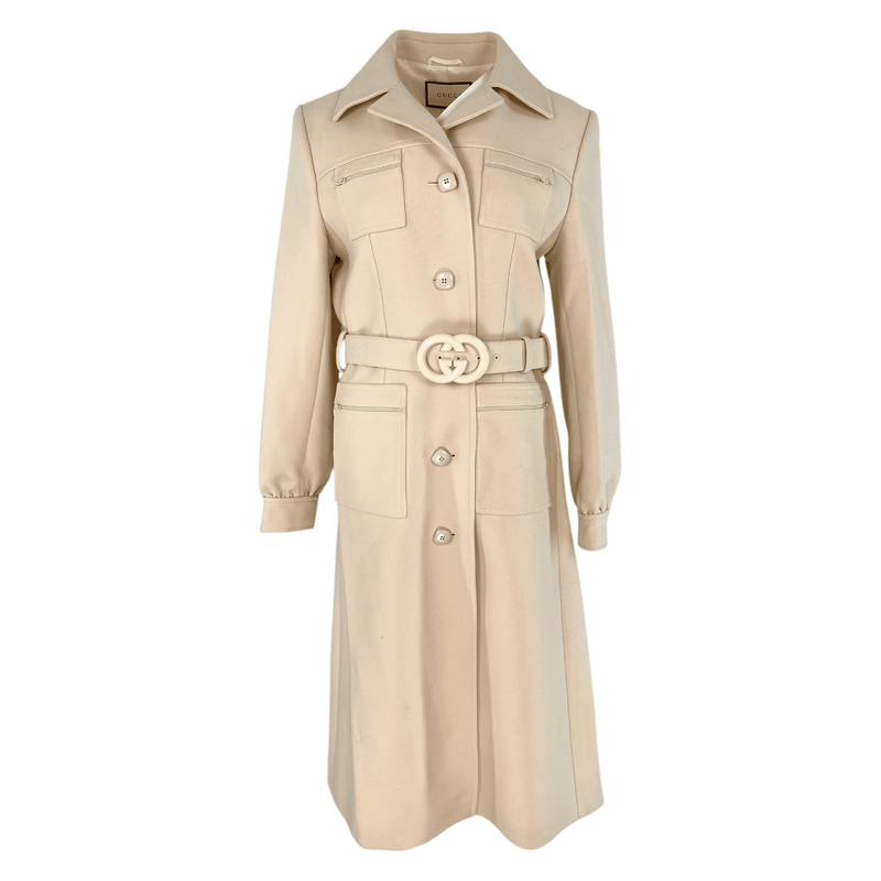 Gucci Cream Wool Interlocking Belted Coat IT44 - 1
