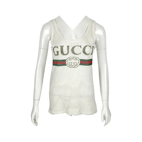 Gucci White Mesh Logo Print Tank Top S - 1