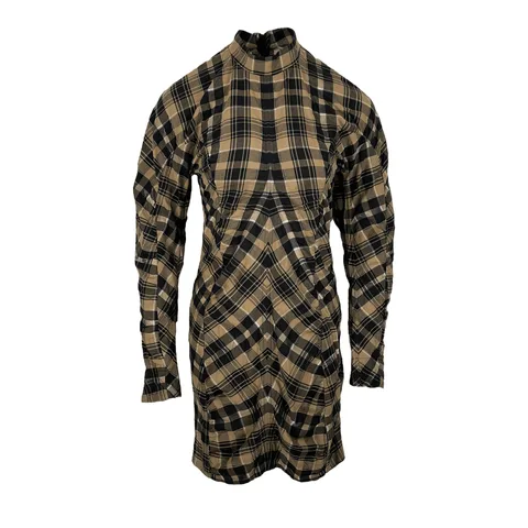 Ganni Brown Black Plaid Long Sleeves Dress 34 - 1