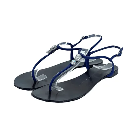 Giuseppe Zanotti Navy Blue Leather Crystal Embellished Thong Sandals 38