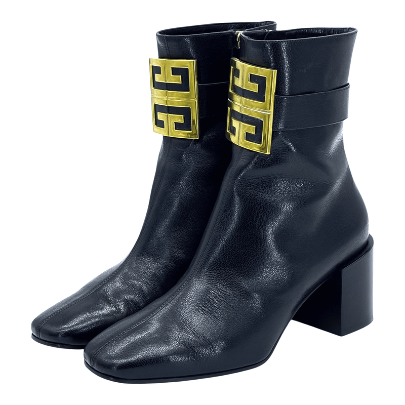 Givenchy Black Leather 4G Gold Logo Ankle Boots 37.5 - 1