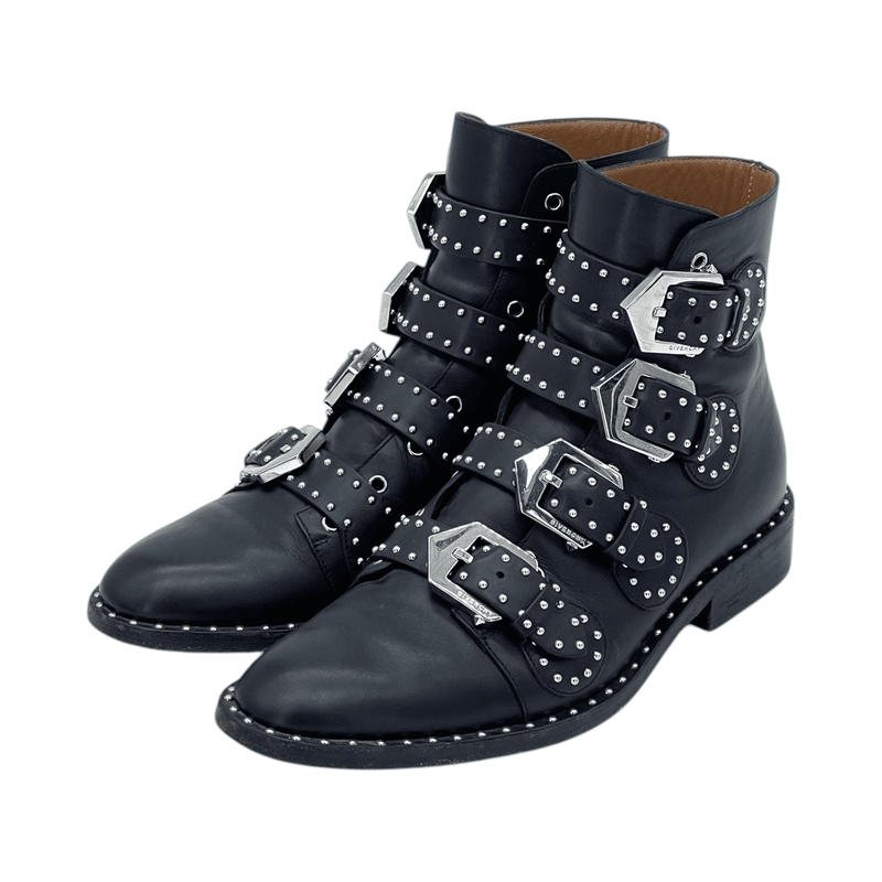 Givenchy Black Leather Studded Buckle Ankle Boots 37 - 1