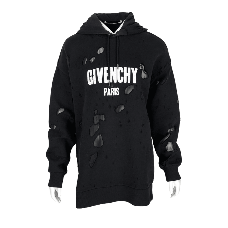 Givenchy Black Logo Print Distressed Oversize Hoodie XS - 1