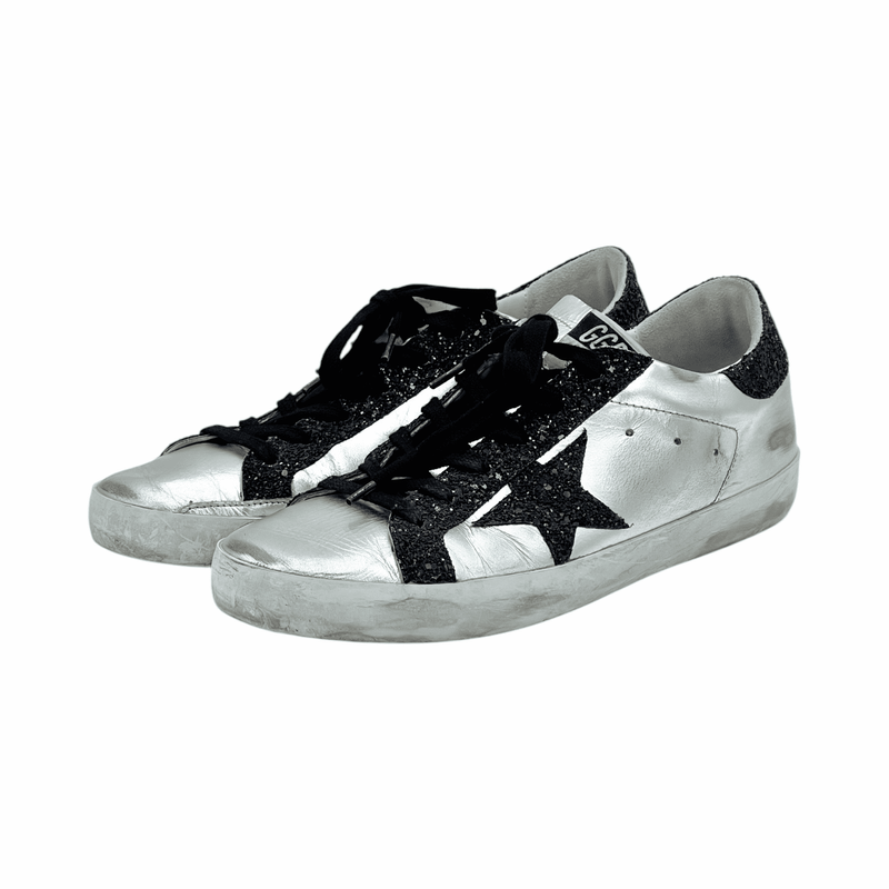 Golden Goose Silver Leather Glitter Black Star Sneakers 40 - 1